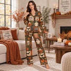 back view of halloween satin pajama set showing witch flying over pumpkins