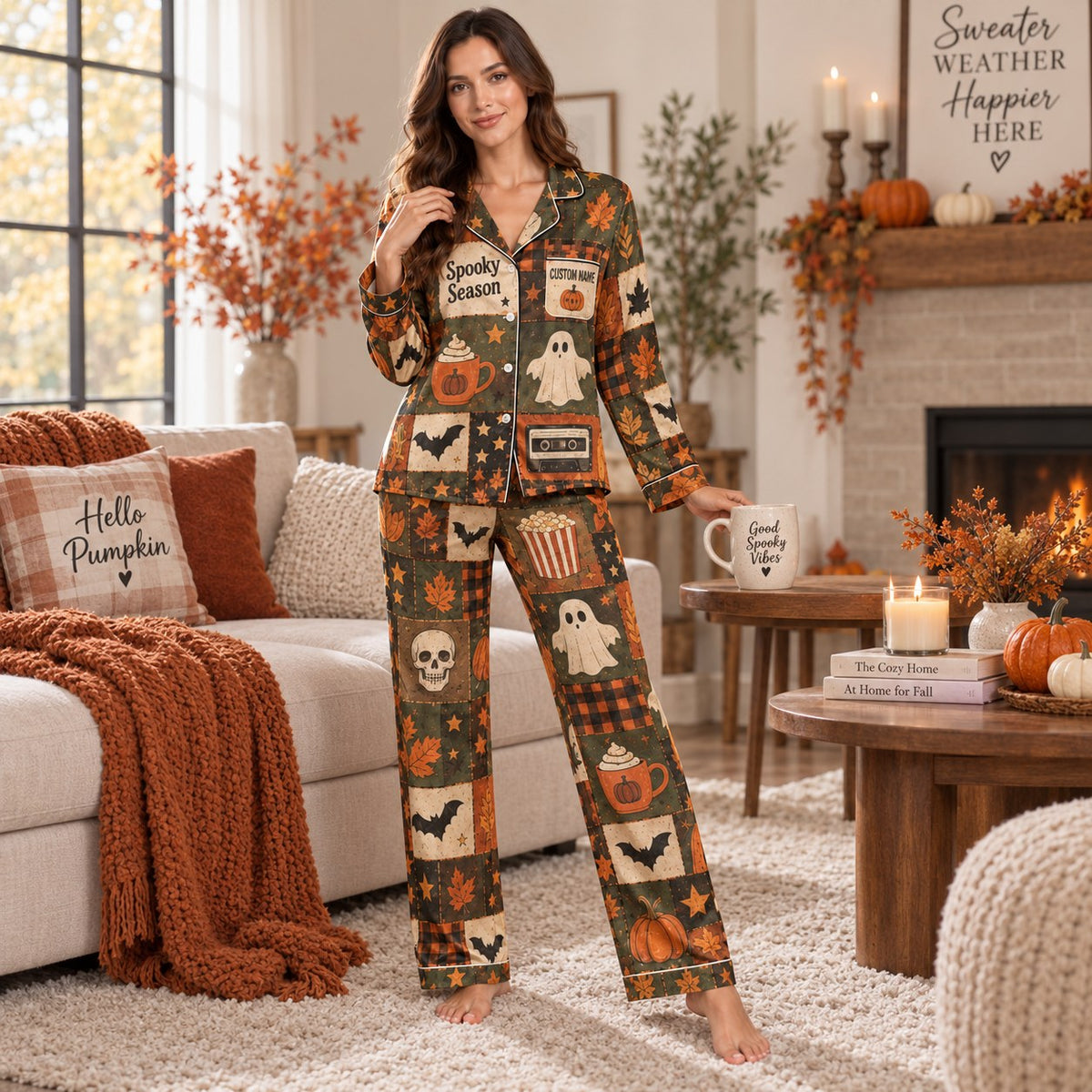 back view of halloween satin pajama set showing witch flying over pumpkins
