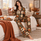 model in living room wearing spooky season halloween satin pajama set