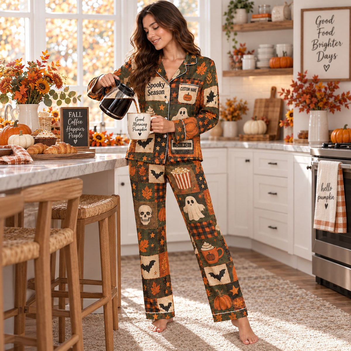 model reading on bed wearing witch halloween satin pajama set