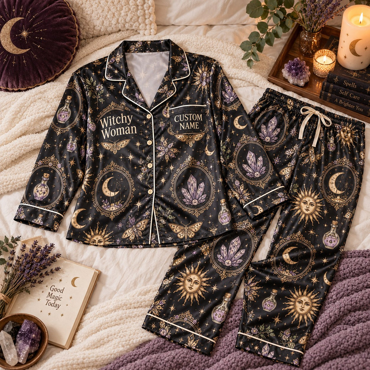 flat lay black celestial crystal satin pajamas with a custom name on the chest