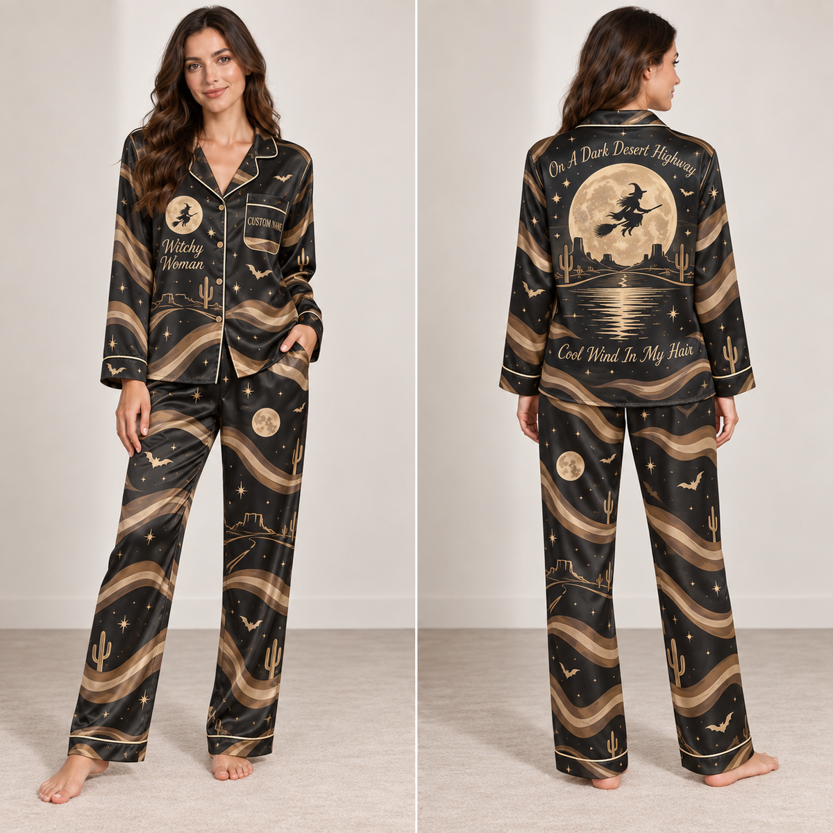 woman modeling a black satin pajama set with an all-over witch moon