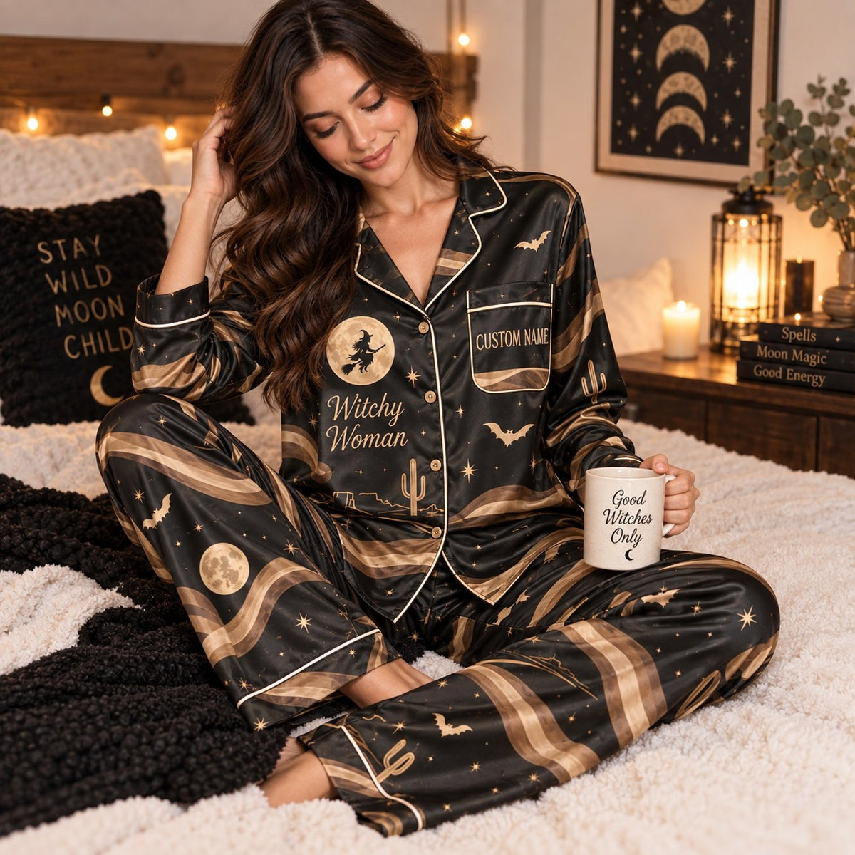 woman lounging in the printed satin pajamas on a fluffy blanket