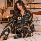 woman in black desert moon satin pajamas with a custom name on the chest