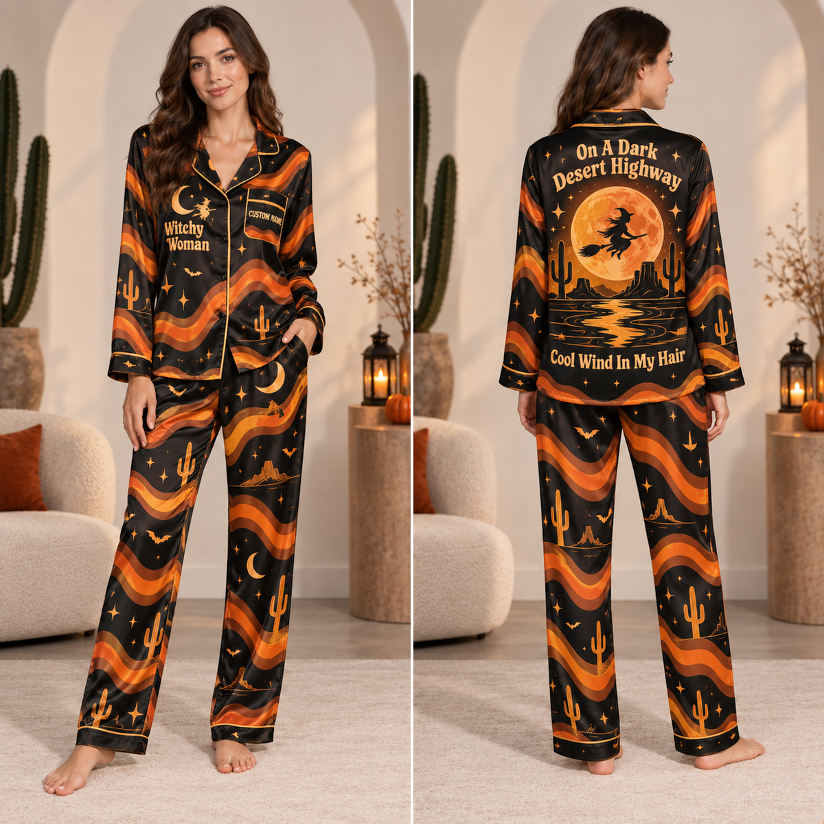 halloween satin pajama set with witchy woman and moon design worn