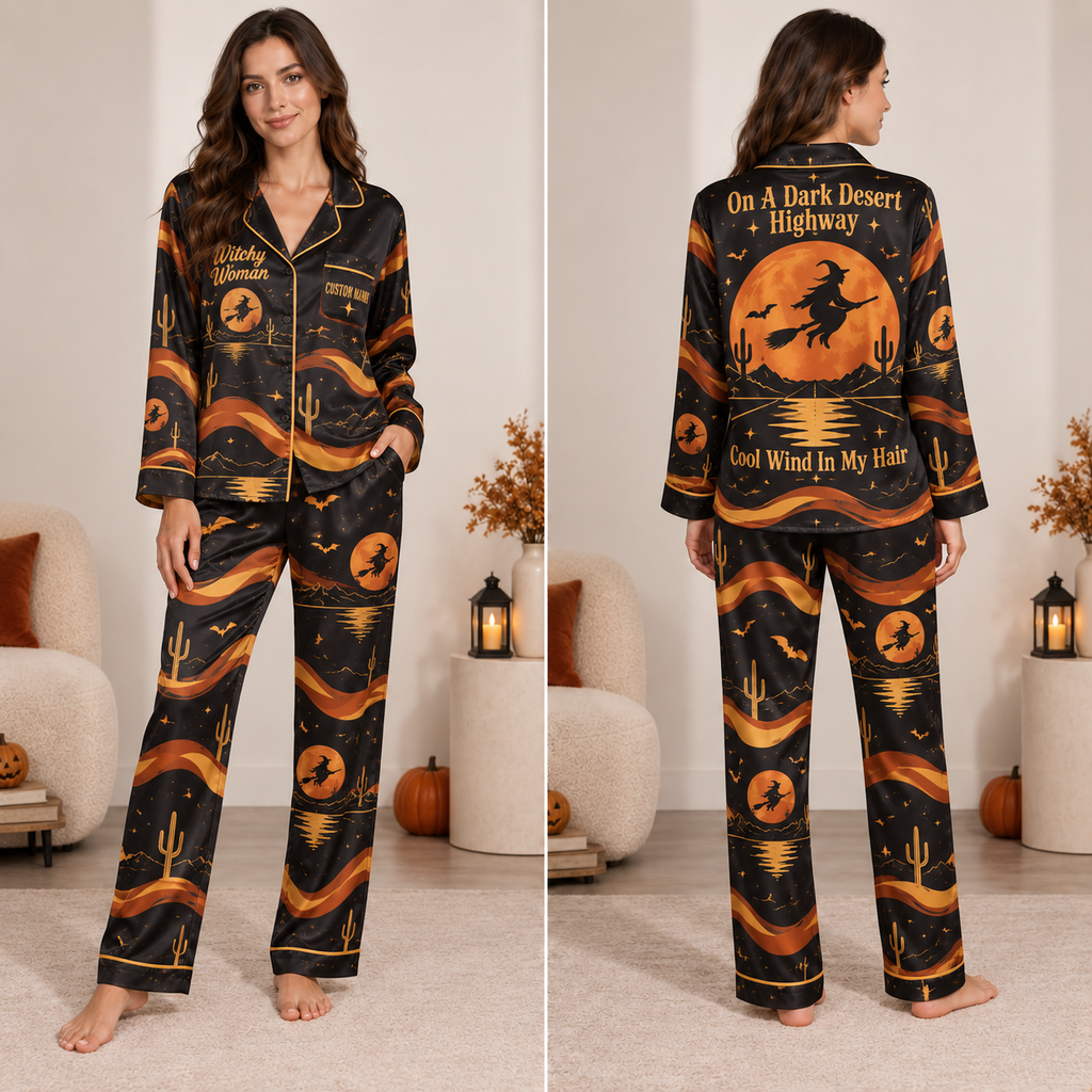 model wearing a witchy woman halloween satin pajama set front view