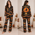 model wearing a witchy woman halloween satin pajama set front view