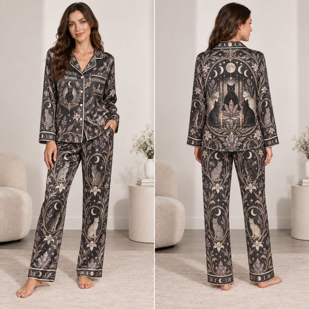 witchy woman halloween satin pajama set model front view