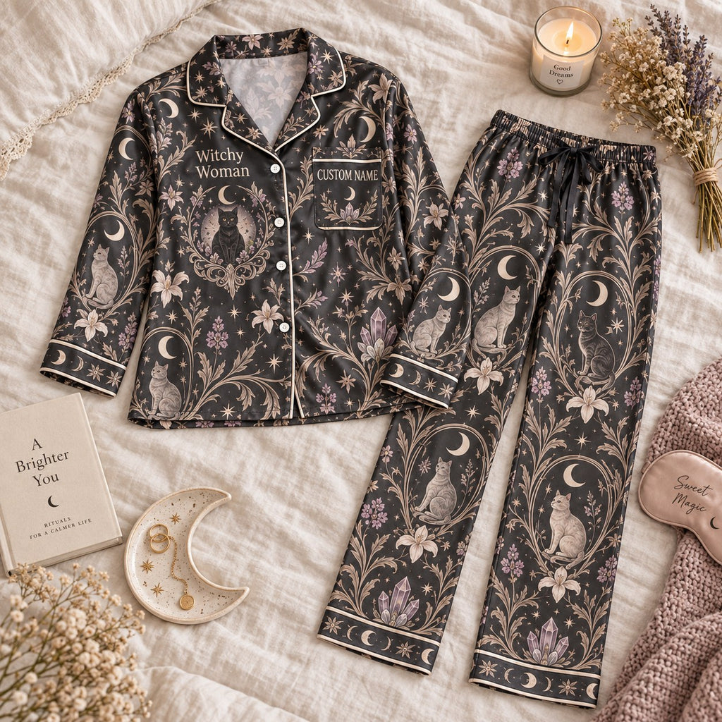charcoal cat print satin pajamas flat lay with a custom name on the chest