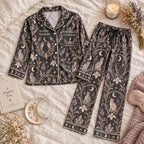 charcoal cat print satin pajamas flat lay with a custom name on the chest