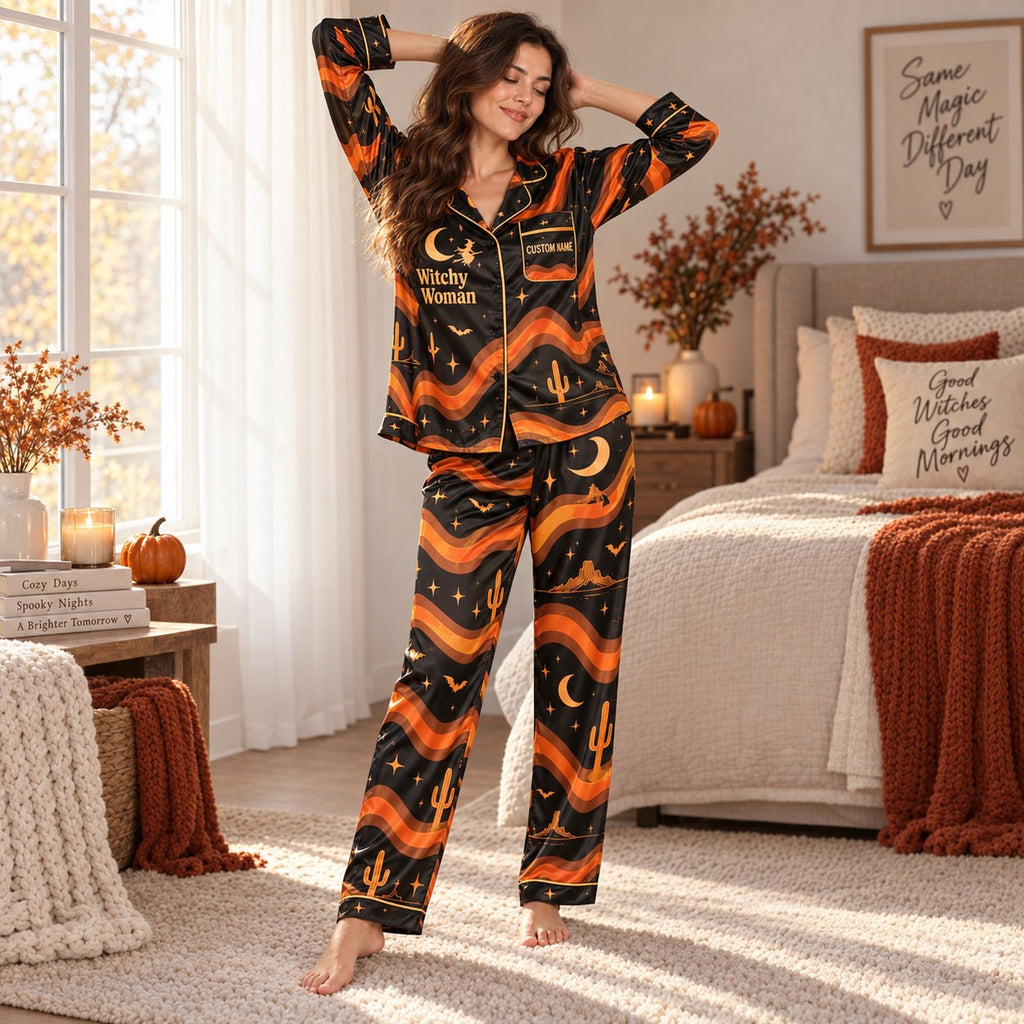 woman sitting in chair wearing witchy woman halloween pajama set with coffee