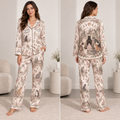 woman modeling a personalized witchy woman halloween satin pajama set with cats