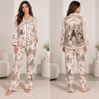 woman modeling a personalized witchy woman halloween satin pajama set with cats