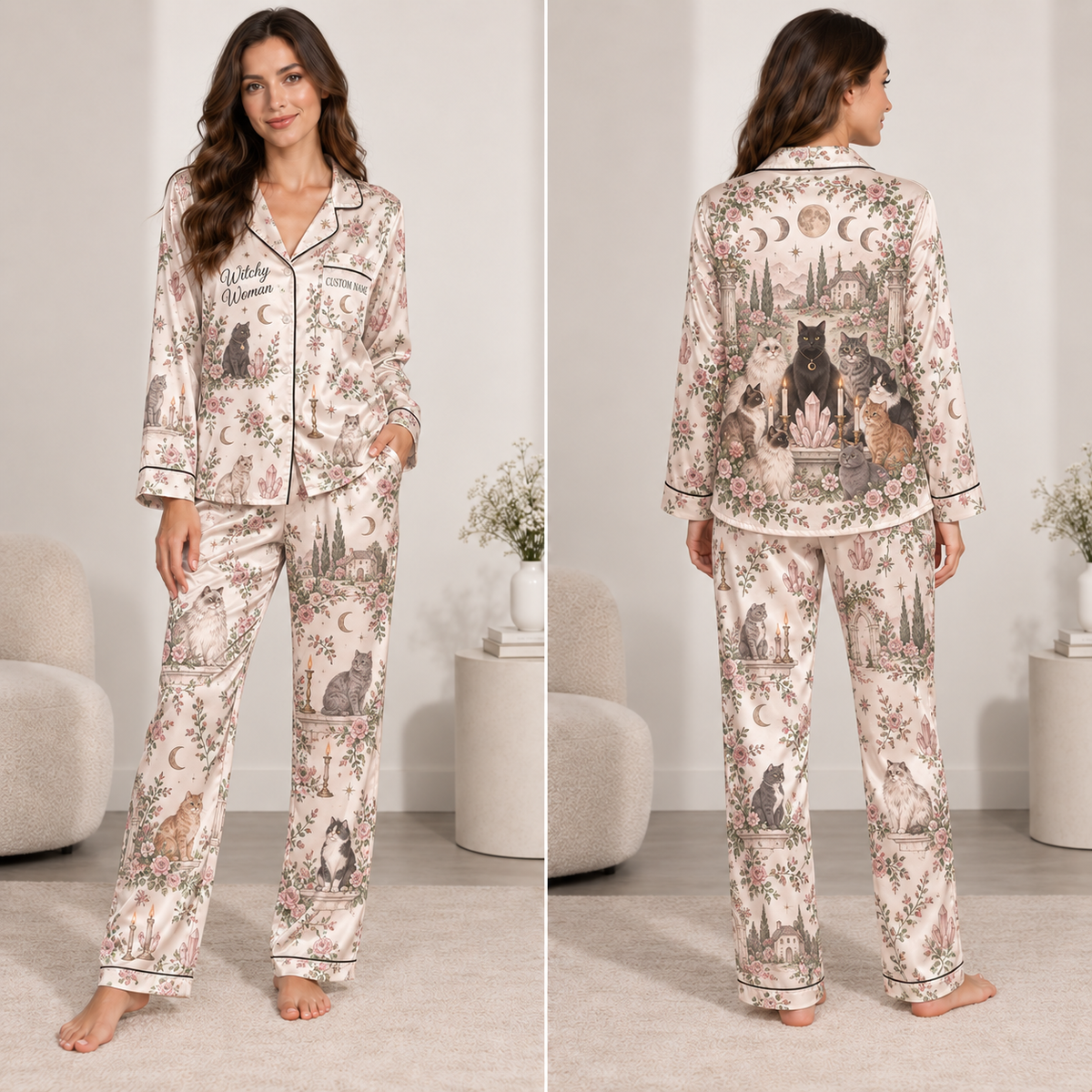 woman modeling a personalized witchy woman halloween satin pajama set with cats