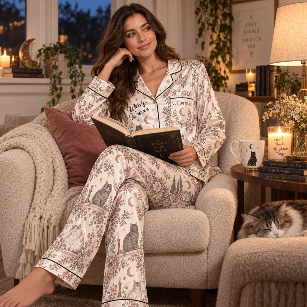 lifestyle shot of personalized witchy woman satin pajamas with a coffee mug