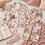 blush floral cat satin pajamas flat lay with a custom name on the chest