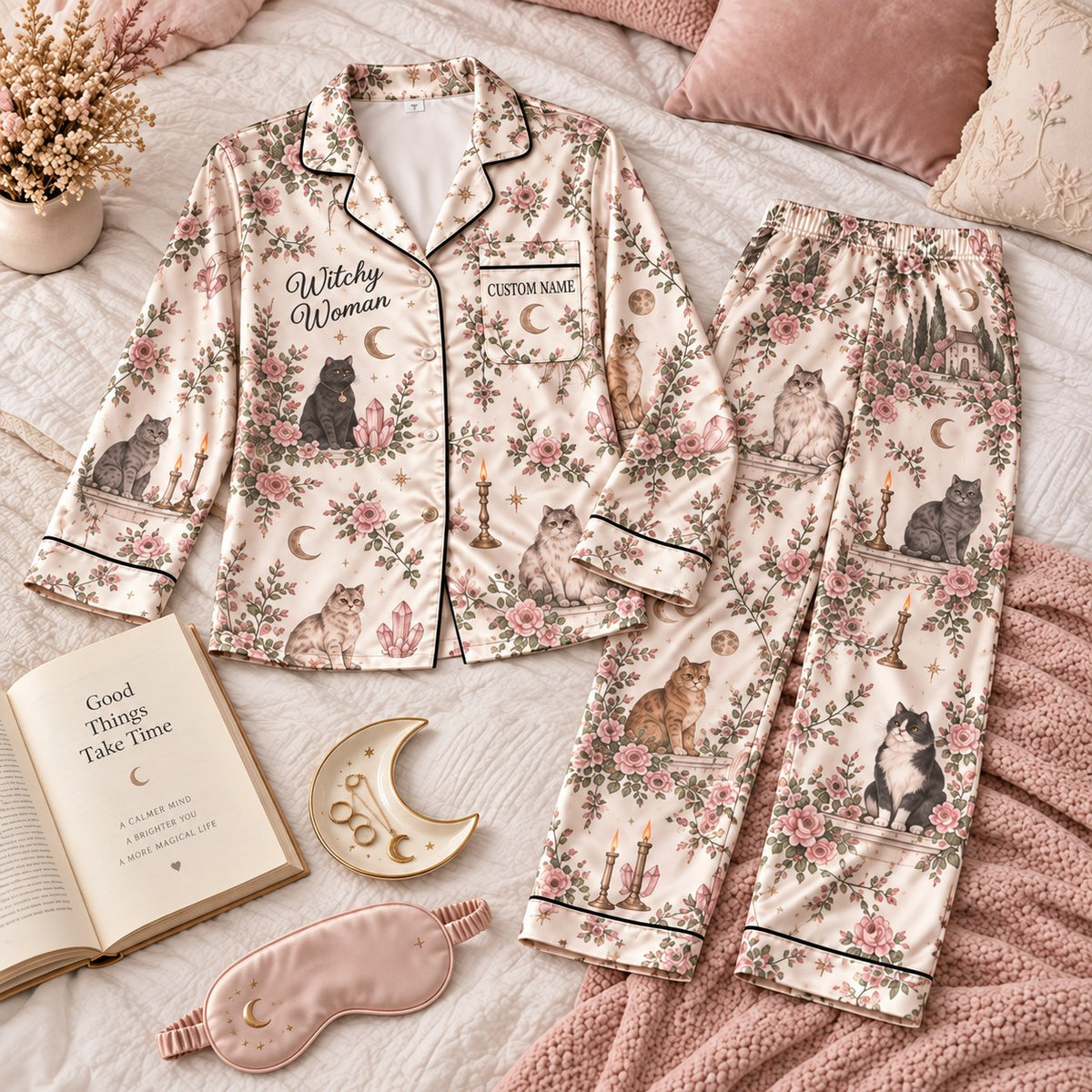 blush floral cat satin pajamas flat lay with a custom name on the chest
