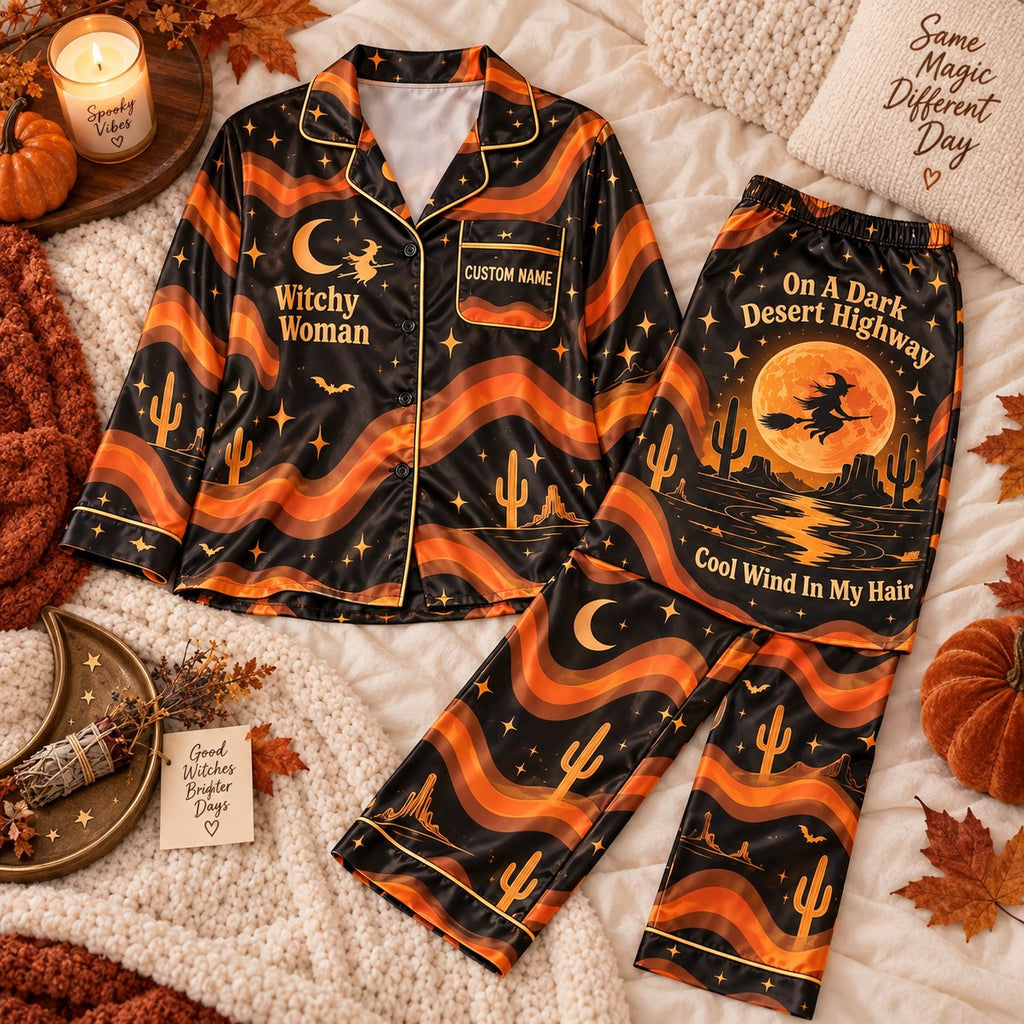 orange desert witch satin pajamas flat lay with a custom name on the chest
