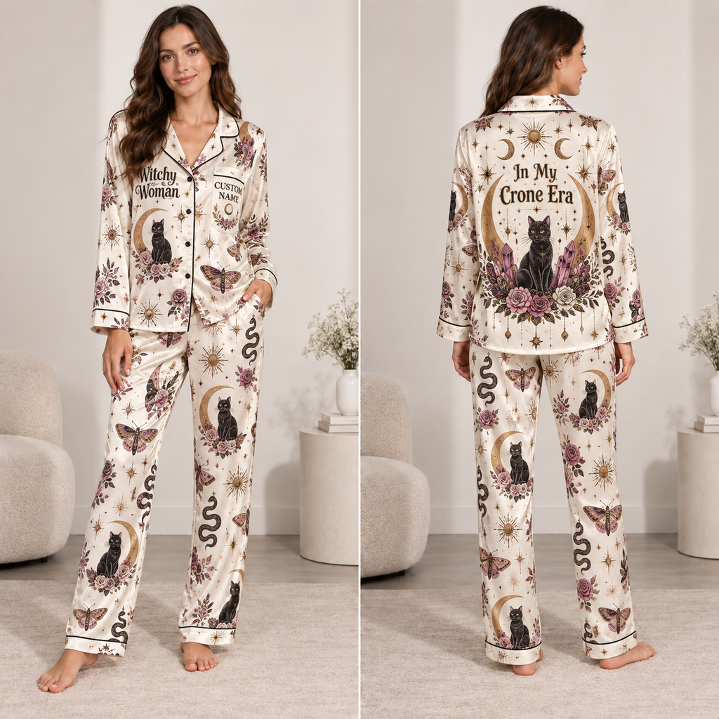Witchy Woman In My Crone Era satin pajama set front view
