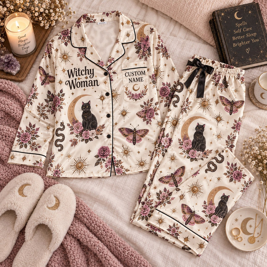 cream moon cat satin pajamas flat lay with a custom name on the chest