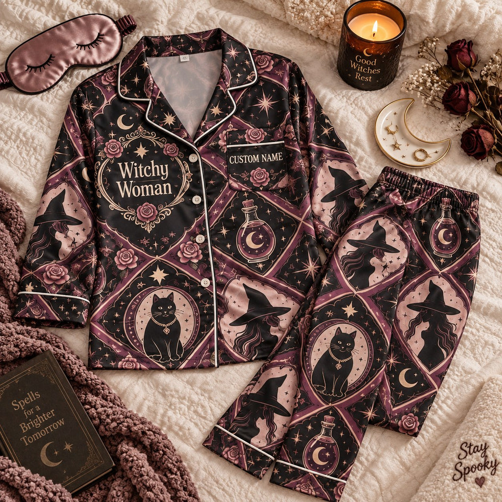 plum argyle witch satin pajamas flat lay with a custom name on the chest