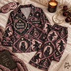 plum argyle witch satin pajamas flat lay with a custom name on the chest