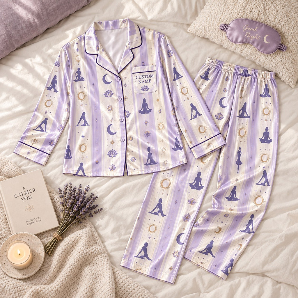 lavender striped yoga satin pajamas flat lay with a custom name on the chest