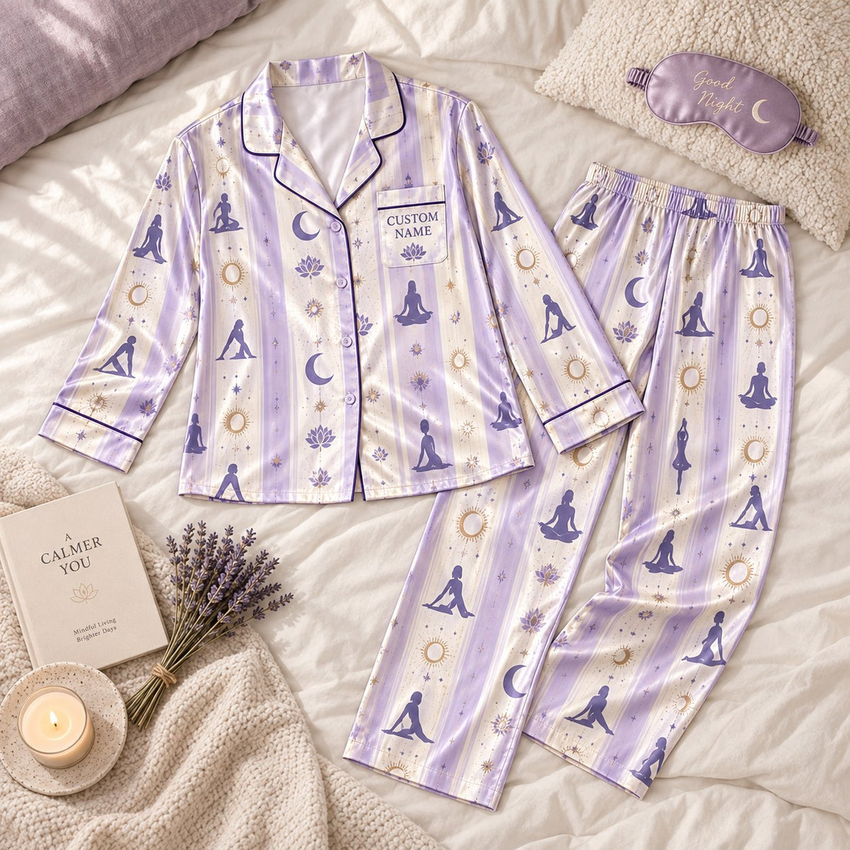 lavender striped yoga satin pajamas flat lay with a custom name on the chest