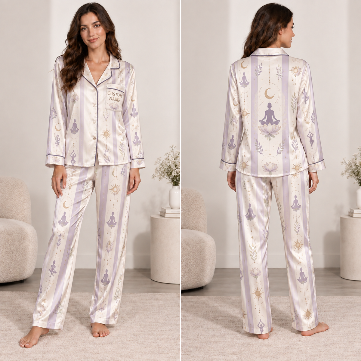 woman modelling front view of lilac and gold satin pajama set