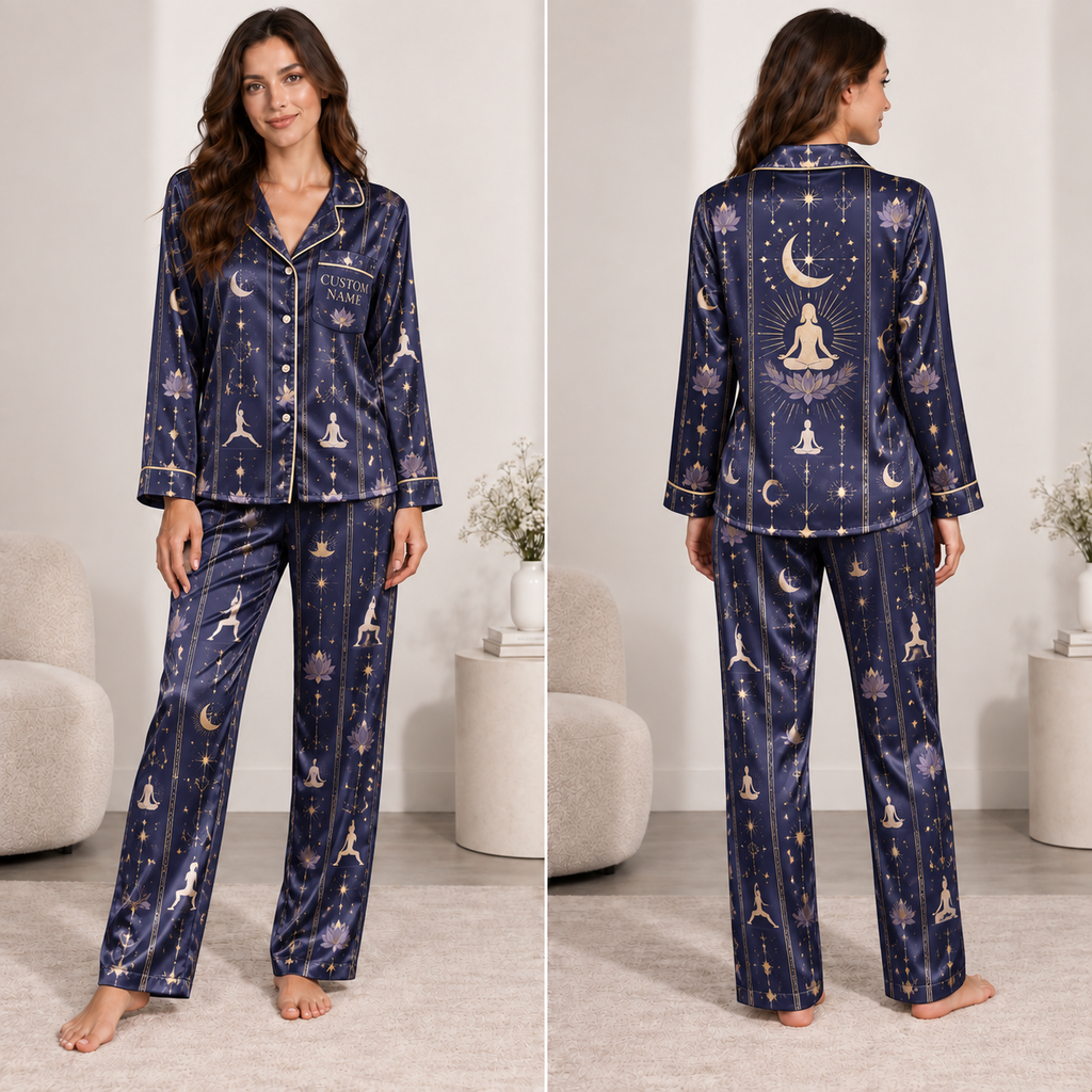 woman wearing satin pajama set with yoga poses lotus moons and stars