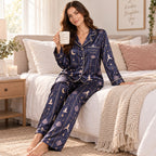 back view of celestial print pajama set with meditating figure
