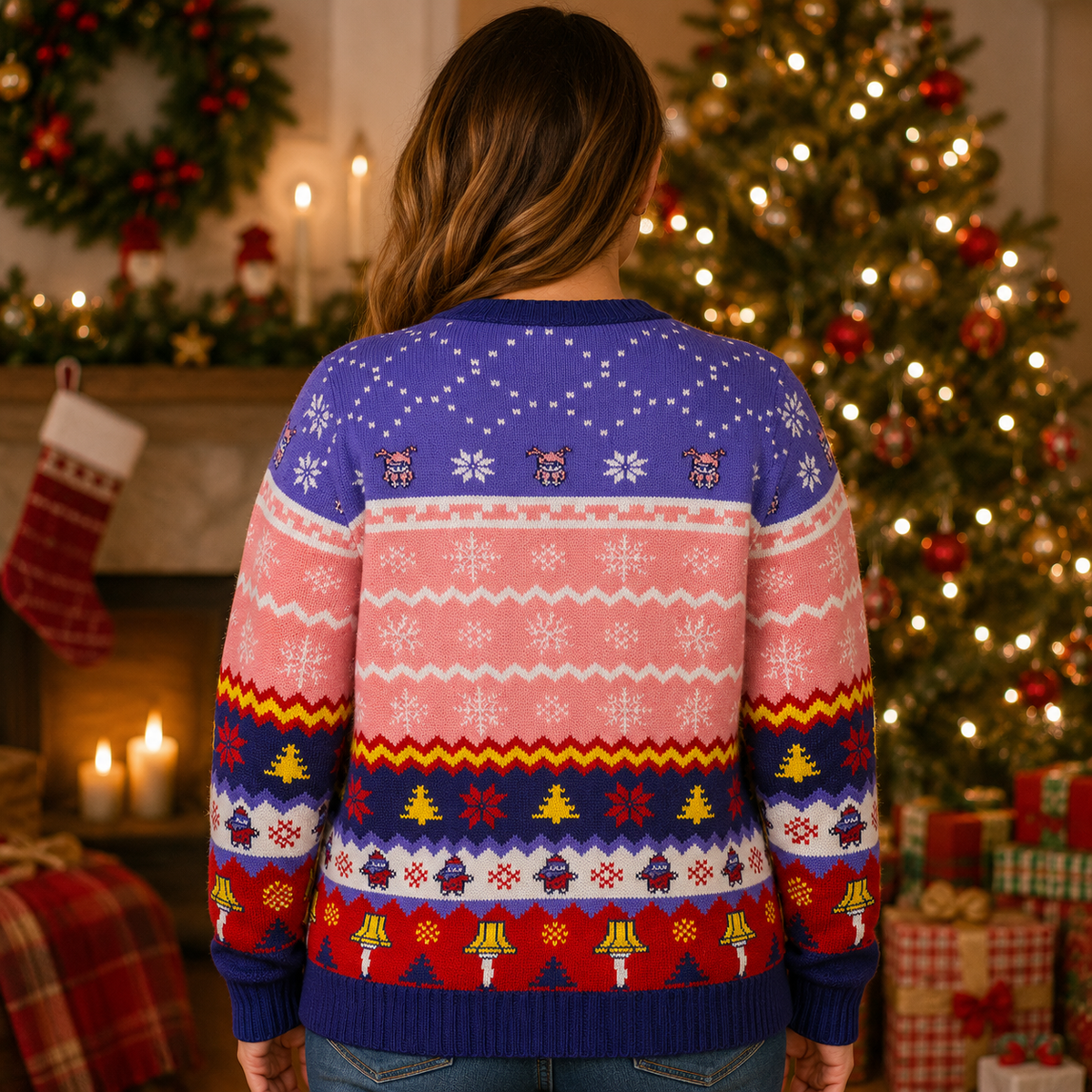 back view of a christmas story ugly sweater showing fair isle knit