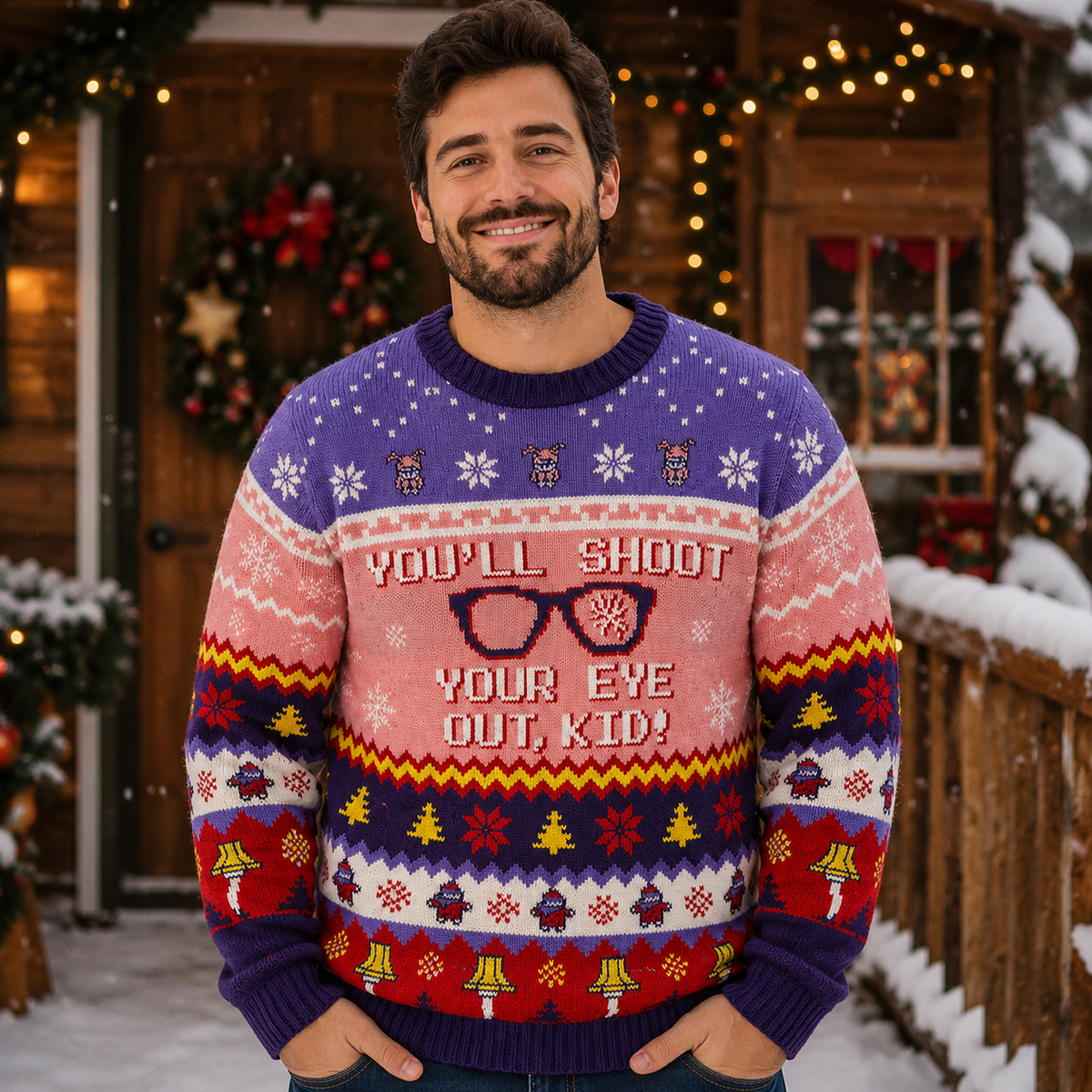 man wearing a christmas story you'll shoot your eye out ugly sweater