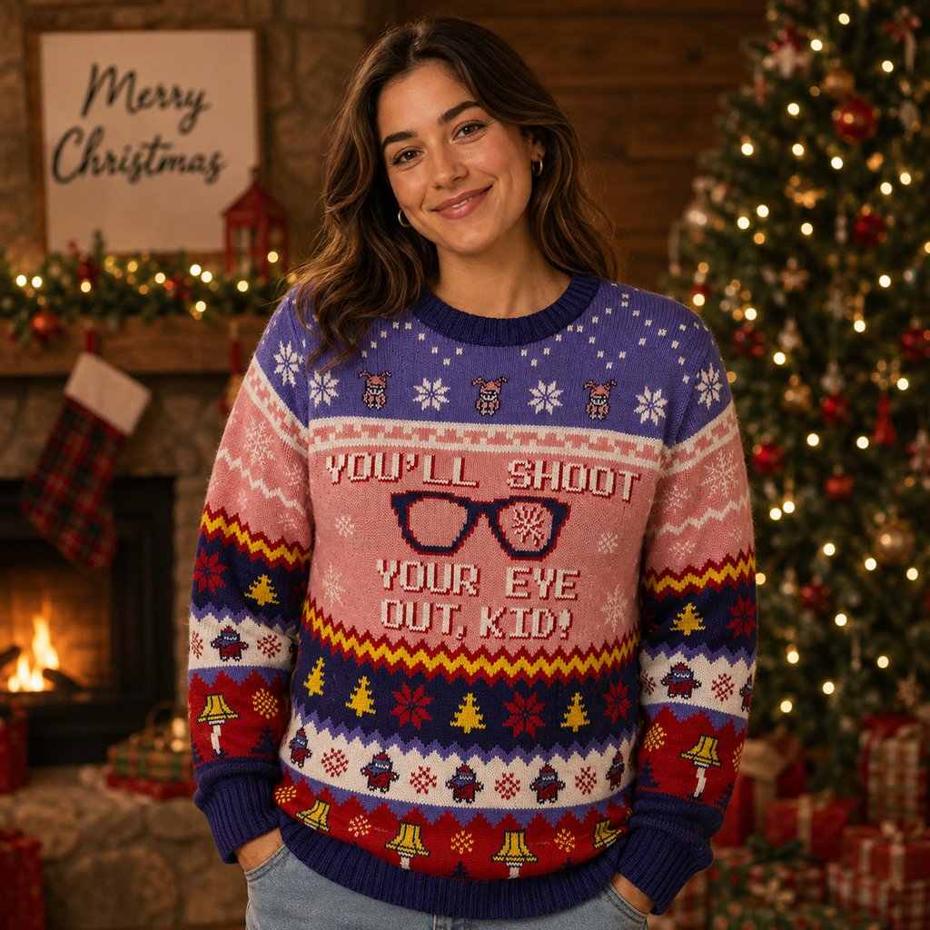 woman wearing a christmas story you'll shoot your eye out ugly sweater